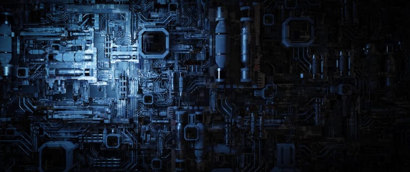 A 3D rendered image of abstract digital circuitry in dark blue hues representing the complexity and connectivity of modern technology.