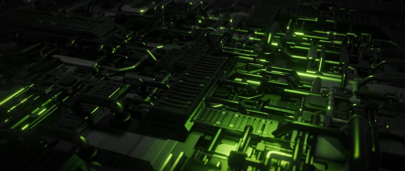 A close-up view of abstract futuristic green circuitry, showcasing a complex network of wires and lines. The green glow highlights the intricate details of the digital landscape, emphasizing technology and innovation.