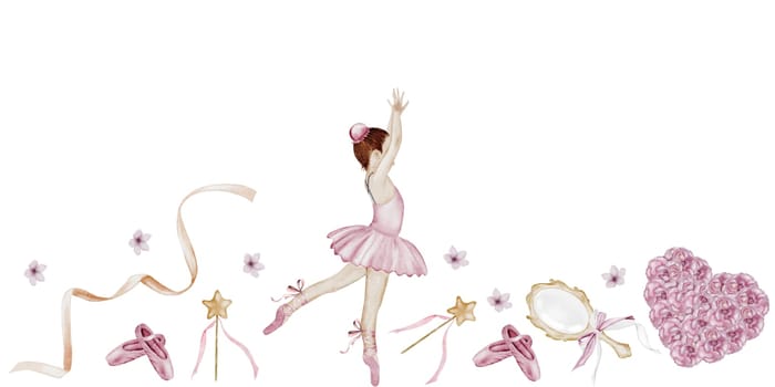 Ballet watercolor seamless border. Hand drawn cute ballerina in pink tutu and pointy shoes. Dancer, mirror, flowers and ribbon. Vintage drawing on white background. Perfect for poster and card for ballet school or baby shower