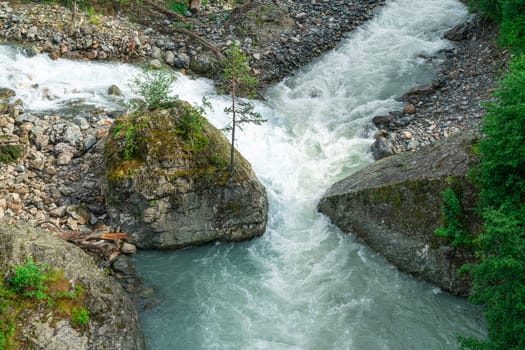 Swift river waters cascade between rocky outcrops, creating a dynamic flow. Surrounding vegetation thrives in this serene, natural environment. The scene captures the beauty of untouched wilderness.