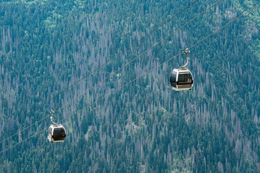Gondolas glide smoothly above a verdant forest, providing a breathtaking view of the mountain range under clear skies. This summer scene captures nature's beauty and tranquility.