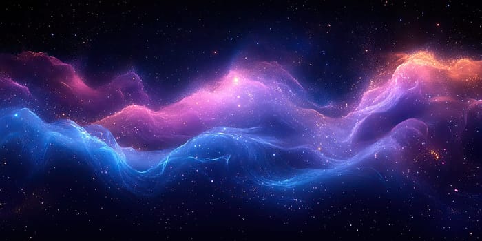 Vivid waves of purple, pink, and blue energy swirl in the dark expanse of space, creating a mesmerizing cosmic display that evokes a sense of wonder.