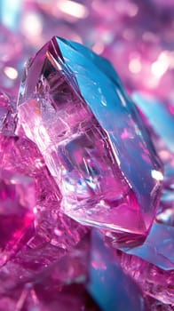Brightly colored crystals showcase intricate facets, reflecting various hues of pink and blue. The arrangement of these gems creates a mesmerizing visual effect, evoking a sense of wonder.