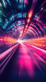 Vibrant colors illuminate an abstract tunnel, creating a sense of movement and speed. Lights swirl around the path, conveying energy and excitement at night.