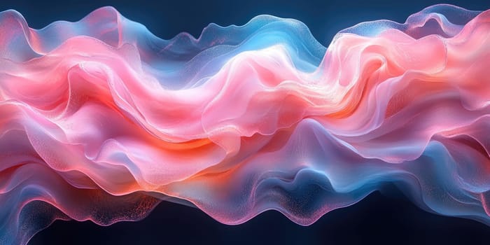 A vibrant wave of colorful fabric swirls effortlessly, showcasing a blend of soft pinks and blues. This captivating motion evokes a sense of tranquility and artistic beauty.