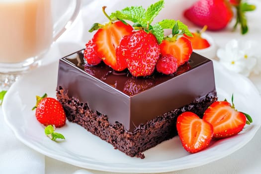 A rich chocolate dessert topped with vibrant strawberries and mint leaves sits elegantly on a white plate. Nearby, a cup of warm beverage adds to the inviting atmosphere.