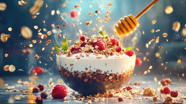 A vibrant bowl filled with creamy yogurt, crunchy granola, and fresh raspberries. Honey is being drizzled over the mixture, creating a delightful breakfast scene.