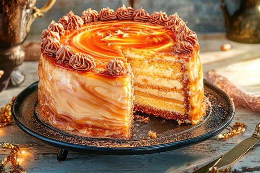 A beautifully decorated layered cake with caramel swirls and chocolate frosting sits on a decorative platter. The surrounding ambiance is warm and inviting, perfect for a celebration.