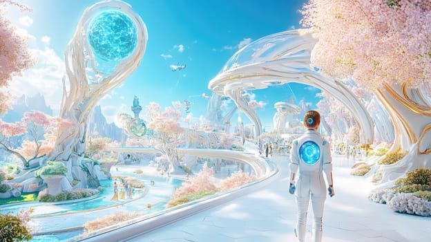 A traveler in a sleek white suit walks through a stunning futuristic garden, filled with colorful plants, walkways, and shimmering water features under a bright blue sky.