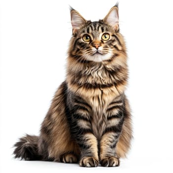 A Maine coon cat with a bushy tail and tufted ears sits elegantly, showcasing its unique fur pattern and large, expressive eyes. The bright white background highlights its beauty.