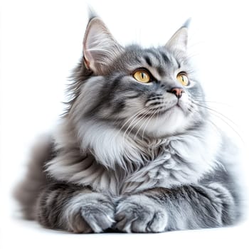 A beautiful gray cat with striking golden eyes rests gracefully on a soft surface. The bright lighting enhances the cat's luxurious fur and serene expression.