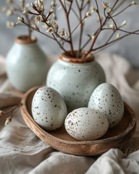 A wooden platter displays three decorative speckled eggs, accompanied by a small vase filled with delicate branches. The arrangement is set on a soft fabric backdrop, creating a tranquil atmosphere.