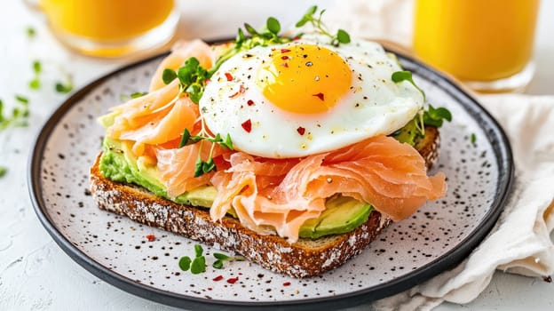 A hearty breakfast is presented with toasted whole grain bread topped with creamy avocado, slices of smoked salmon, and a sunny-side-up egg garnished with spices.