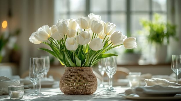 A beautiful arrangement of white tulips in a woven vase sits at the center of a dining table adorned with elegant glassware. Natural light floods the space, creating a serene atmosphere.