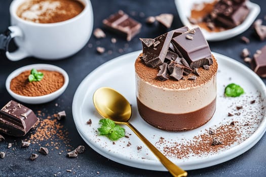 A beautifully arranged mousse dessert featuring layers of chocolate, coffee, and cream. Surrounding elements include cocoa powder, chocolate pieces, and a cup of coffee.