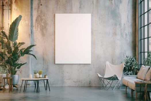 A contemporary living space highlighted by a large blank canvas on the wall, stylish seating, and lush greenery. The urban atmosphere invites creativity and relaxation.