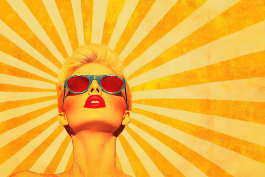 A confident woman displays vibrant red lips, stylish sunglasses, and a bold blonde hairstyle. She stands against a sunburst backdrop, radiating energy and fashion.