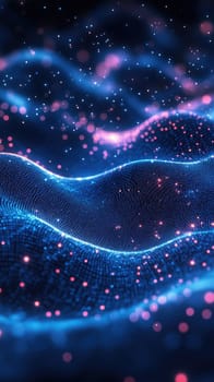 Dynamic waves of colors undulate across a dark backdrop, illuminated by twinkling particles. The scene evokes a sense of movement and depth, showcasing a captivating digital landscape.