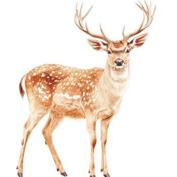 A graceful spotted deer stands in a natural pose, showcasing its distinctive antlers and coat patterns. The animal appears alert and poised in its habitat.