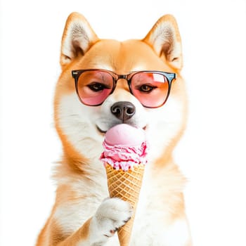 A Shiba Inu holds a cone of ice cream topped with pink scoop, wearing oversized sunglasses. The bright background enhances the playful atmosphere.