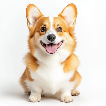 A corgi sits happily with a big smile, showcasing its playful nature. The bright indoor lighting highlights its fluffy fur and joyful expression, perfect for pet lovers.