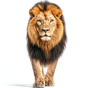 A powerful lion strides forward, showcasing its impressive mane and confident stance. The bright background enhances the lion's majestic features, symbolizing strength and beauty.