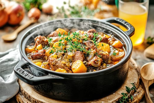 A cast iron pot filled with a rich stew is steaming on a wooden surface. Fresh herbs and seasonal vegetables accentuate the dish, evoking warmth and comfort in a rustic kitchen atmosphere.