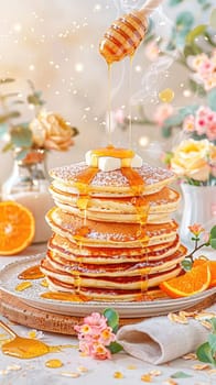A delicious stack of fluffy pancakes sits on a wooden plate, drizzled with golden honey and adorned with orange slices. Soft flowers and a warm atmosphere create a homely vibe.