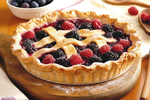 A beautifully baked mixed berry pie features blackberries and raspberries on a wooden table. Fresh berries are arranged alongside rustic utensils, showcasing a homemade treat.