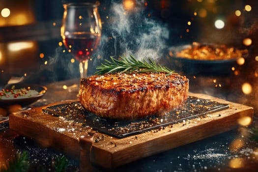 A perfectly cooked steak is displayed on a wooden platter, garnished with fresh rosemary. A glass of red wine sits nearby, creating a warm, inviting atmosphere perfect for a dinner party.