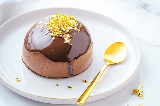 A rich chocolate mousse sits elegantly on a white plate, adorned with shimmering edible gold leaf. A golden spoon rests beside the dessert, inviting indulgence.