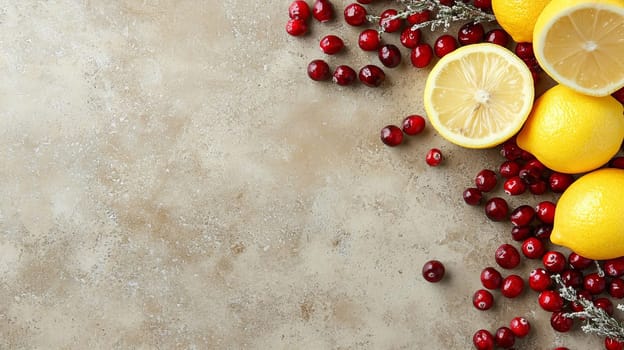 Fresh bright cranberries and lemons on a gray background. AI generated.