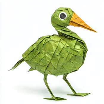 A detailed origami representation of a green bird stands on two legs. Its bright orange beak and large round eye add charm. The art piece showcases intricate folds and vibrant colors.