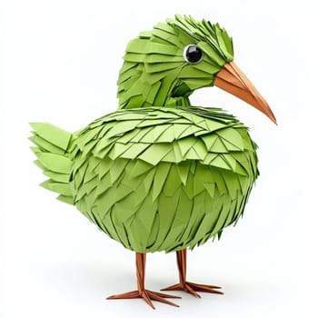 A vibrant bird crafted from green paper resembles foliage with a rounded body and distinct feather shapes. The beak is orange, and large eyes give it a playful appearance.