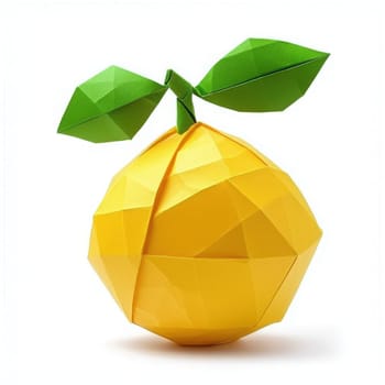 A vibrant yellow origami lemon sits upright, showcasing its geometric folds and bright color. Two green leaves extend from the top, adding a playful touch to the design.
