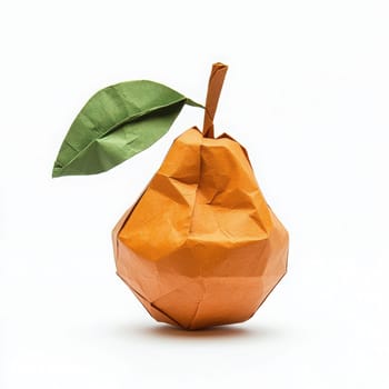 A beautifully crafted origami pear sits prominently, showcasing vibrant orange paper with detailed folds. A green leaf adds a touch of nature, enhancing its artistic appeal.