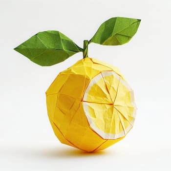 A crafted lemon made from yellow paper displays detailed origami techniques. Green leaves add a vibrant touch. This piece highlights creativity and skill in paper art.