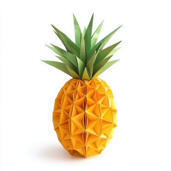 A three-dimensional origami pineapple made from colorful paper showcases detailed folding techniques. The bright yellow body contrasts with lush green leaves, creating a cheerful decor piece.