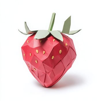 A vibrant origami strawberry stands elegantly with red paper facets and subtle green leaves.