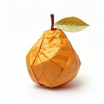 A pear-shaped origami figure crafted from bright orange paper features a delicate green leaf and a brown stem. This artwork highlights precision in paper folding and creativity.