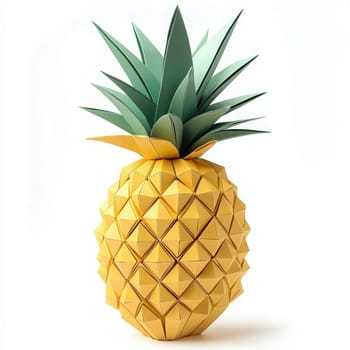 A colorful pineapple made from folded paper showcases intricate designs and textures, standing tall against a plain background.
