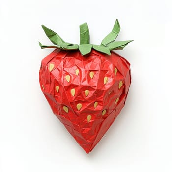 Brightly colored origami strawberry crafted with precision. The red body features tiny yellow seeds, topped with green leaves, showcasing intricate folding techniques and artistic expression.