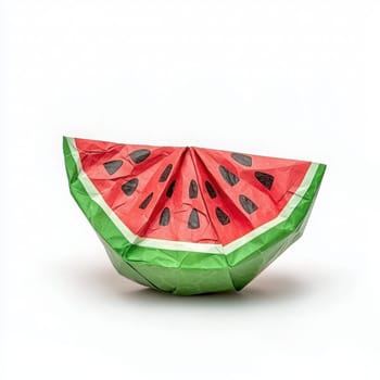 Folded paper art represents a slice of watermelon with rich red and green colors. This unique creation highlights the skill of origami artistry, demonstrating careful attention to detail and form.