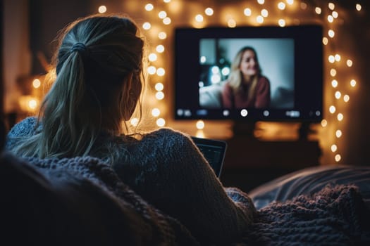 A person sits on a couch wrapped in a blanket, engaged in a video call. Warm lights illuminate the cozy room, creating a relaxed atmosphere for a conversation.