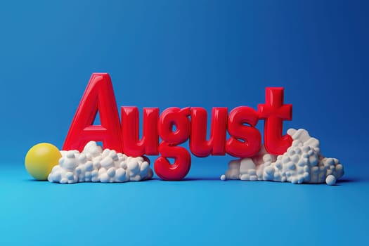 Bright red letters spelling August stand out against a blue background. Soft white shapes surround the letters, while a yellow sphere adds a playful touch to the design, creating a lively atmosphere.