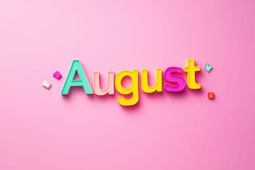 Bright, multi-colored letters form the word August against a soft pink backdrop. The playful design gives a sense of fun and celebration, perfect for summer themes.