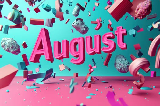 Brightly colored 3D text displays the word August, surrounded by various geometric shapes and textures in a lively arrangement. The composition emphasizes a playful and vibrant atmosphere.