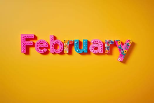 Bright pink and patterned letters spell out February, set against a vibrant yellow background, creating a cheerful and lively visual perfect for celebrating the month.