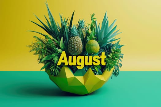A vibrant arrangement of tropical plants and fruits such as pineapples and melons is showcased in a geometric bowl.
