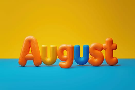 Colorful, three-dimensional letters form the word August, contrasting against a bright yellow and blue background. The playful design highlights the summer month with vibrant hues.